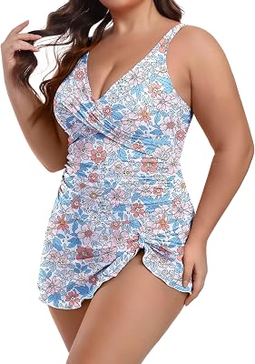 B2prity One Piece Swim Dress Plus Size Tummy Control Swimsuits for Women V Neck Wrap Swimdress Skirt Bathing Suit