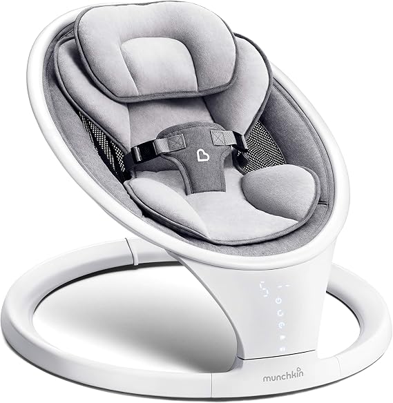 Munchkin Electric Baby Swing, Portable and Lightweight, Bluetooth Enabled Infant Rocker with Natural Sway in 5 Ranges of Motion, Newborn Nursery Essentials, White/Grey