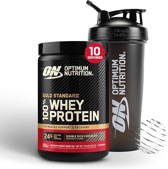 Bundle of Optimum Nutrition Gold Standard 100% Whey Protein Powder, Double Rich Chocolate, 10 Servings, 0.68 Pounds (Pack of 1) + Optimum Nutrition Shaker Cup, 28oz, Pack of 1