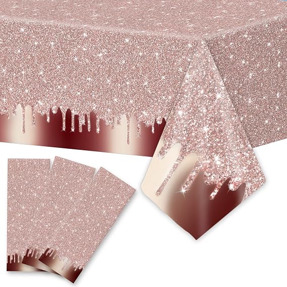 3pcs Pink Rose Gold Birthday Party Tablecloths Rose Gold Sequin Printed Plastic Table Cover Glitter Diamonds Happy Birthday Background for Girl Wedding Graduation Anniversary Indoor Outdoor(Plastic)