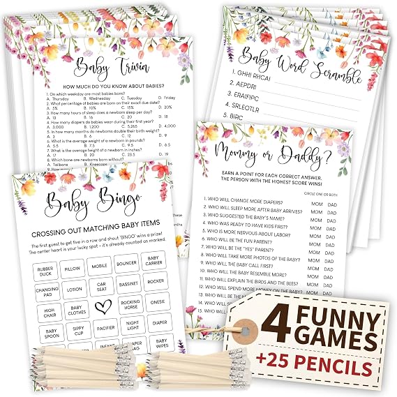 WOODAMORE Wildflower Baby Shower Games for Girl, 4 Games with Pencils