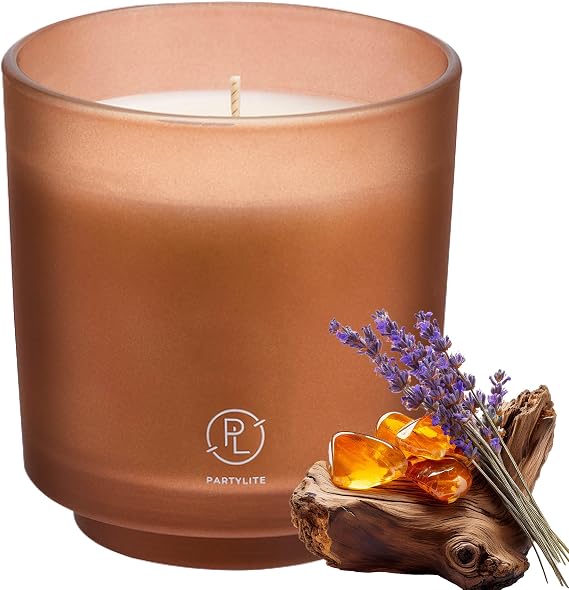 PartyLite Tamboti Woods Scented, Notes of Fragrant Amber, Smoked Patchouli, Lavender & Green Moss, 10oz 1-Wick Aromatherapy Refillable Jar Candle, 50 Hour Burn Time, Sustainable Wax in Reusable Vessel