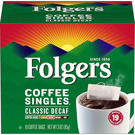 Folgers Coffee Singles Classic Decaf Medium Roast Coffee, 19 Single Serve Coffee Bags