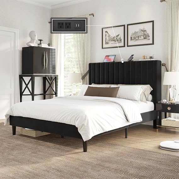 VanAcc Queen Upholstered Platform Bed with Vertical Tufted Headboard, Black