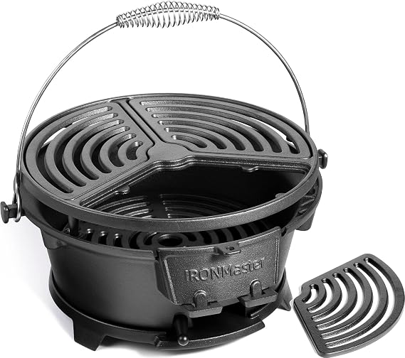IronMaster Pre-Seasoned Cast Iron Hibachi Grill, Small Portable Charcoal Grill for Outdoor Tabletop Camping, BBQ Grill Grate Surface 13.2" Perfect for 3-4 People