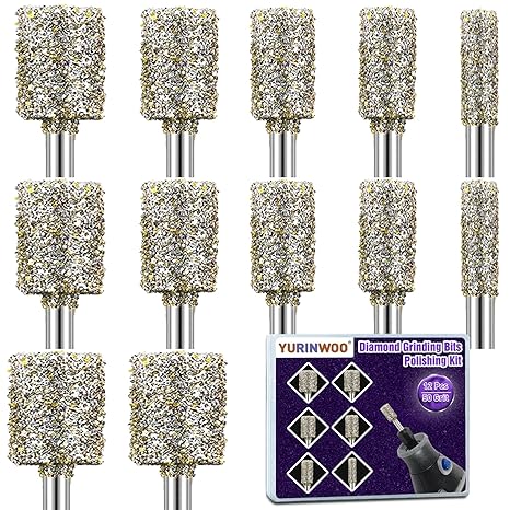 12Pcs Diamond Grinding Bit Set, Grit 50 Stone Carving Set Compatible with Dremel, Diamond Burr Bits Rotary Tool Accessories 3mm Shank for Stone Glass and Ceramic Carving, Grinding, Polishing