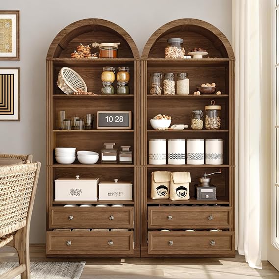 RALGEND Farmhouse Arched Bookshelf Set of 2, 7 Tiers Arch Bookcase with 2 Spacious Drawers, Modern Book Shelf with Open Display Shelves and Storage Cabinet, for Office, Living Room, Kitchen, Walnut