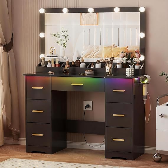 44" Vanity Desk with 38" Large Mirror and 9 LED Lights & Glass Top and Power Outlet, Makeup Vanity Set with 7 Drawers & Chair and RGB Ambient Light, Dressing Table for Bedroom, Black