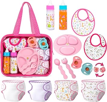 My Sweet Baby 13-Piece Doll Feeding & Diaper Bag Set Disappearing Milk Bottles, Bibs, Pacifiers, Diapers & Accessories Set Pretend Play Baby Doll Care Kit for Girls Fits 1218 Dolls