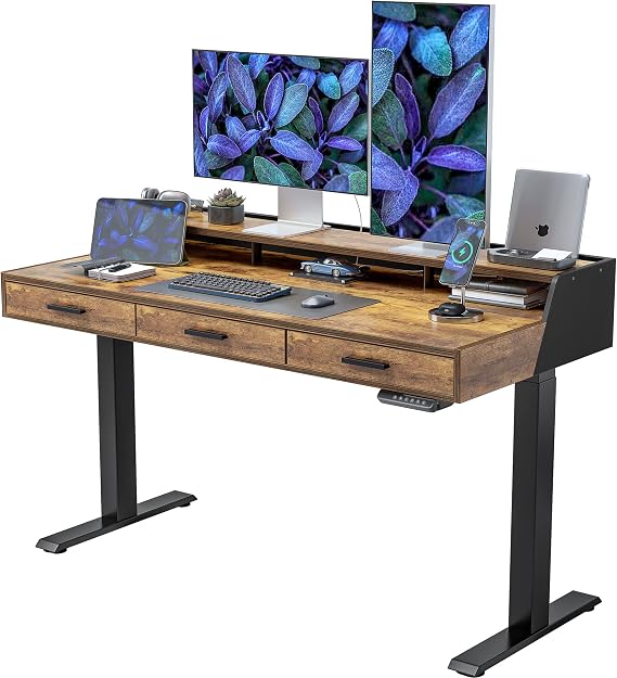 FEZIBO Electric Standing Desk 55x26 Inches with Drawers and Monitor Shelf, Height Adjustable Computer Desk with Memory, Ergonomic Rising Home Office Desks, Sit Stand Up Workstation Table, Rustic Brown