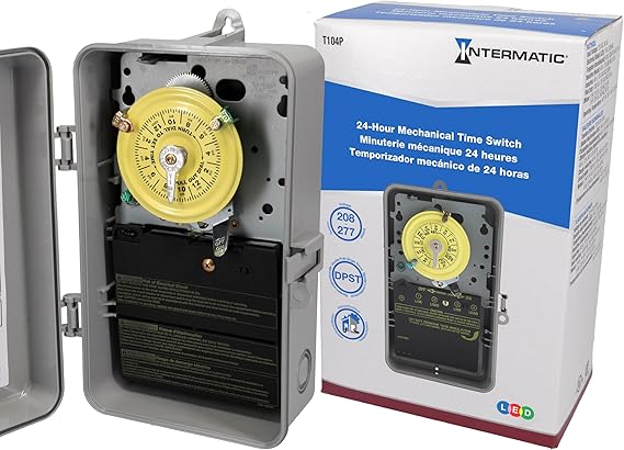 Intermatic T104P 24-Hour Mechanical Time Switch, 208-277 VAC, 60Hz, DPST, Indoor/Outdoor Plastic Enclosure, 1 Hour Interval