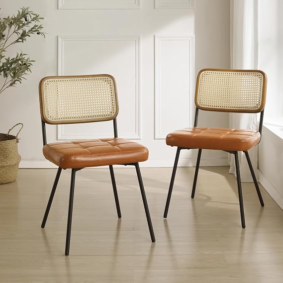 Zouron Rattan Dining Chairs Set of 2, Accent Chair with Faux Leather Seat, Mid Century Wood Chair with Black Metal Legs, Woven Dining Chair for Living Room, Kitchen, Small Space, Yellow Brown