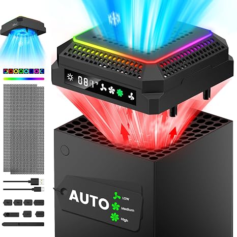 CATZARMOR Auto Cooling System Compatible with Xbox Series X w LED Display Whisper Quiet Adjustable by Temperature, Series X Console Air Cooler Fan,2 USB Port,Rubber Dust Plugs for Xbox one cases