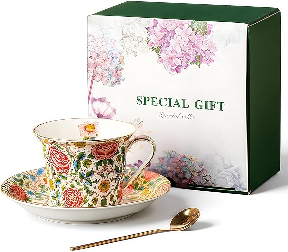 8oz Bone China Tea Cup and Saucer Set, Rose Garden