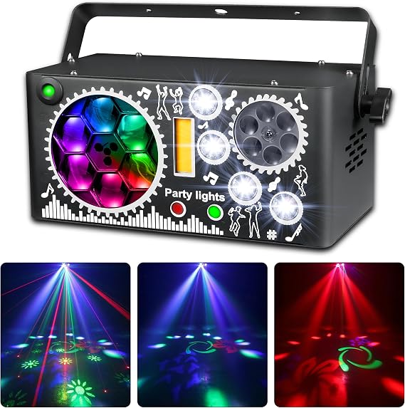 7 in 1 RGBW Disco Lights with GOBO, Strobe & DMX512 – Sound-Activated LED Stage Projector, Remote Control DJ Party Light for Weddings, Halloween, KTV, Bars, Karaoke, Kids & Home Events [Energy Class A+++]