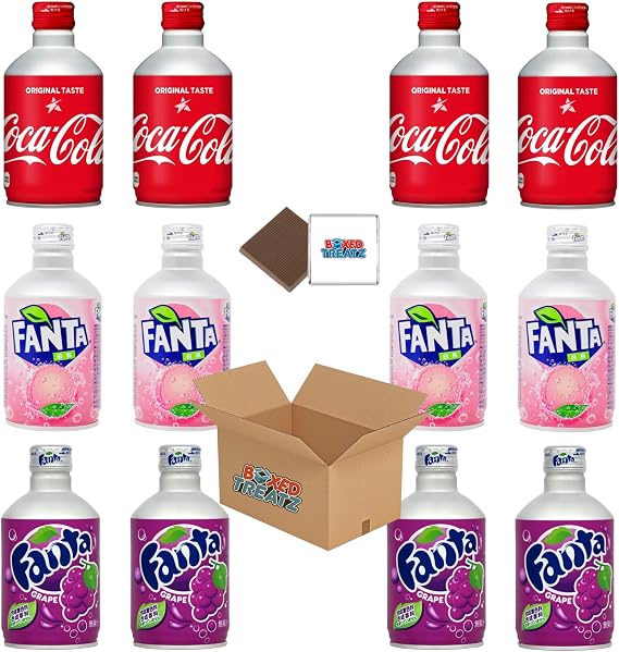 Japanese Soda Metal Bottle - Coke Regular, Fanta Grape & Fanta White Peach 300ml (300ml) Screw Lid Canned Drinks Boxed Treatz (4Pcs Each (12x300ml))