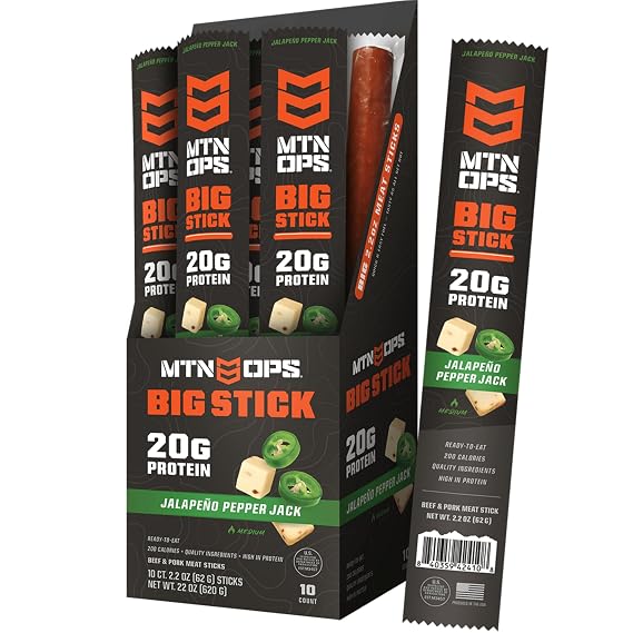 MTN OPS Big Stick High Protein Meat Sticks - 20g Protein, 10% Collagen - Jalapeno Pepper Jack Flavor - Individually Wrapped Beef Snacks - 10 Count Carton