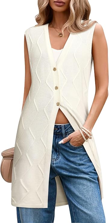 ZXZY Women Long Sleeveless Cardigans Vest Button Up Knit Sweater Tunic Vest