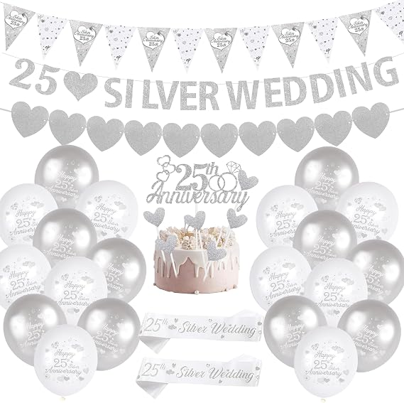 25th Wedding Anniversary Decorations 25 Silver Wedding Banner Bunting Happy 25th Anniversary Balloons CakeToppe Satin Sash for 25