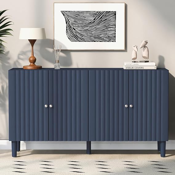 Sideboard Buffet Cabinet with Storage,Kitchen Buffet Cabinet,Wavy-Patterned Doors,Adjustable Shelf,Cylindrical Legs,Accent Console Table for Kitchen,Entryway (Blue)