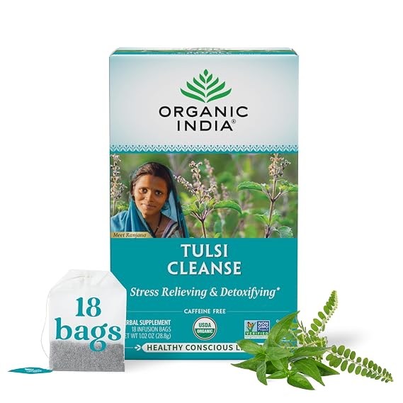 ORGANIC INDIA Tulsi Cleanse Herbal Tea, Adaptogen, 18 Infusion Bags, 1 Pack