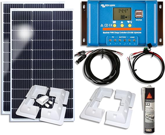 Victron Solar Panel Kit - 200W Solar Panel with PWM Charge Controller, Batter Charging Kit, Mounting Brackets & Cables -Off Grid, Campervan, Boat, 12v Systems