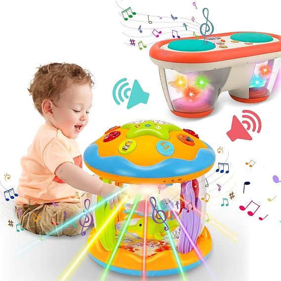 Musical Tummy Time Baby Bundle: Rotating Light-Up Drum & Drum Musical Learning Infant Toys