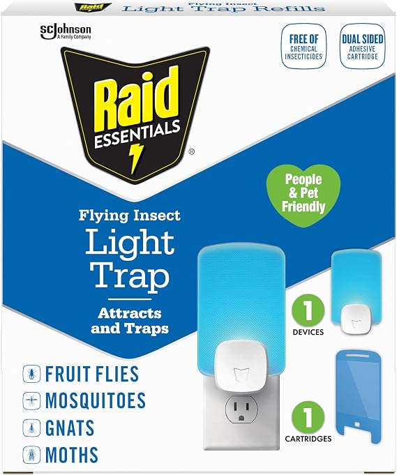 Raid Essentials Flying Insect Light Trap Starter Kit, 1 Plug-in Device + 1 Cartridge, Featuring Light Powered Attraction