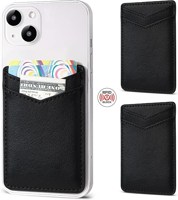 Fulgamo 2Pack Leather Phone Wallet Stick on, Sticky Back of Phone Card Holder, Credit Card Holder for Phone Case Stick on - Black