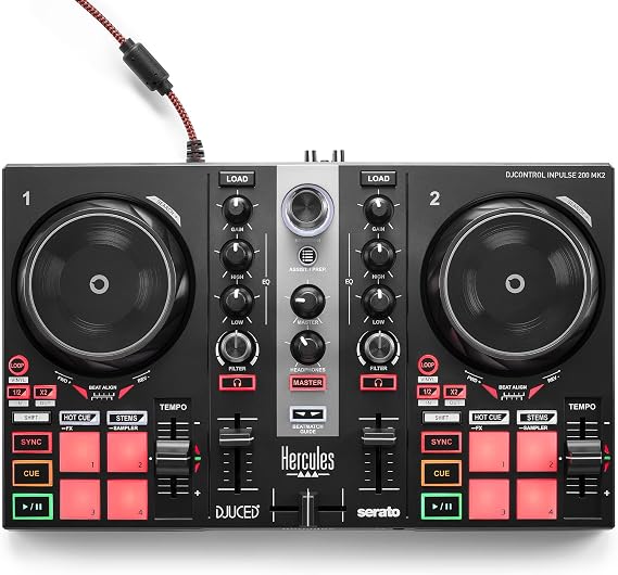 Hercules DJControl Inpulse 200 MK2 – Compact DJ Controller with LED Light Guides, Enhanced Features, and Compatibility with DJUCED & SERATO Software | Compact 2-deck DJ controller with Beatmatch Guide light LEDs, Stems control, 8 performance pads, and Serato/DJUCED support