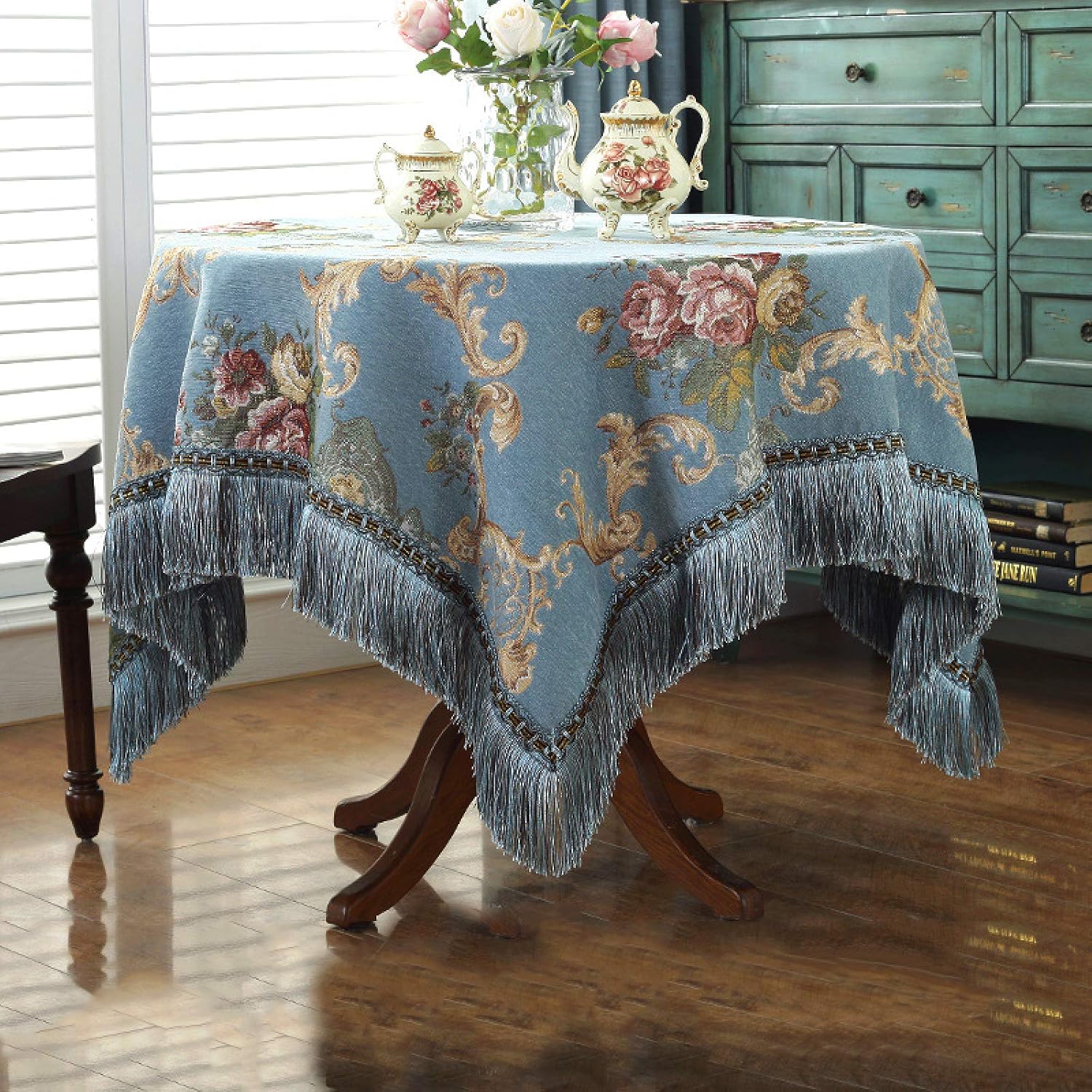 Round Chenille Table Cloth Fringed Lace Tablecloths Washable, Table Cover for Kitchen Dinning Party,vintage Style,Blue-Diameter140cm/55inch