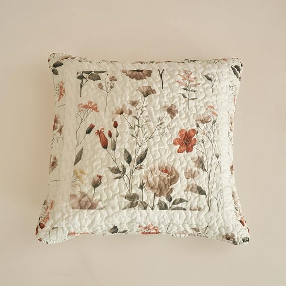Enchanted Meadow Throw Pillow Euro Cover - Zippered Floral Design in Beige, Rose, and Soft Green, Premium Soft Microfiber, Euro Sham in 26x26 Inches (26" x 26" 1 Piece)