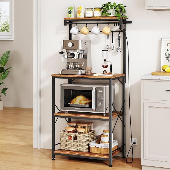SNTD Bakers Rack with Power Outlet, Microwave Stand, Rustic Brown, 21.7" W | Coffee Stand, 4 Tiers Kitchen Storage Shelves, 10 Hooks, Metal Frame, X-Shaped Reinforcement