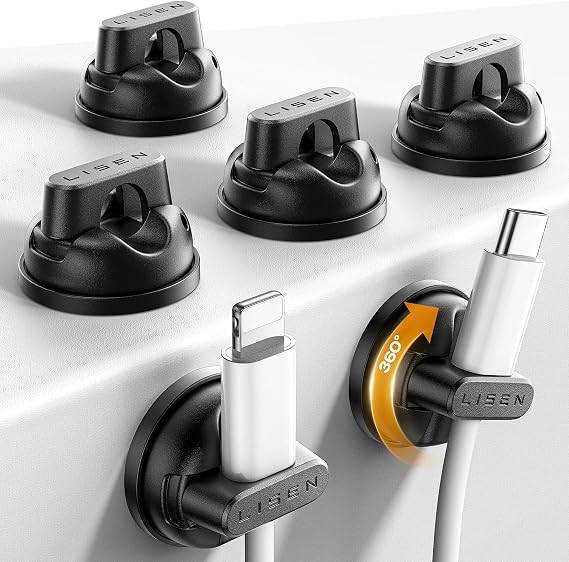 6-Pack Rotatable Cord Holder for Nightstand, LISEN 360Rotating Magnetic Clips, No-Residue Strong Adhesive Cord Organizer for Desk, Phone Cord Holder for Home, Car, Office Desk Accessories