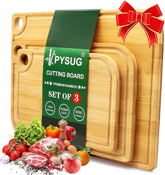 Bamboo Cutting Boards for Kitchen Set of 3 - Wood Cutting Boards with Juice Grooves, Thick Chopping Board for Meat, Vegetables, Fruits and Cheese (3-Piece Set)