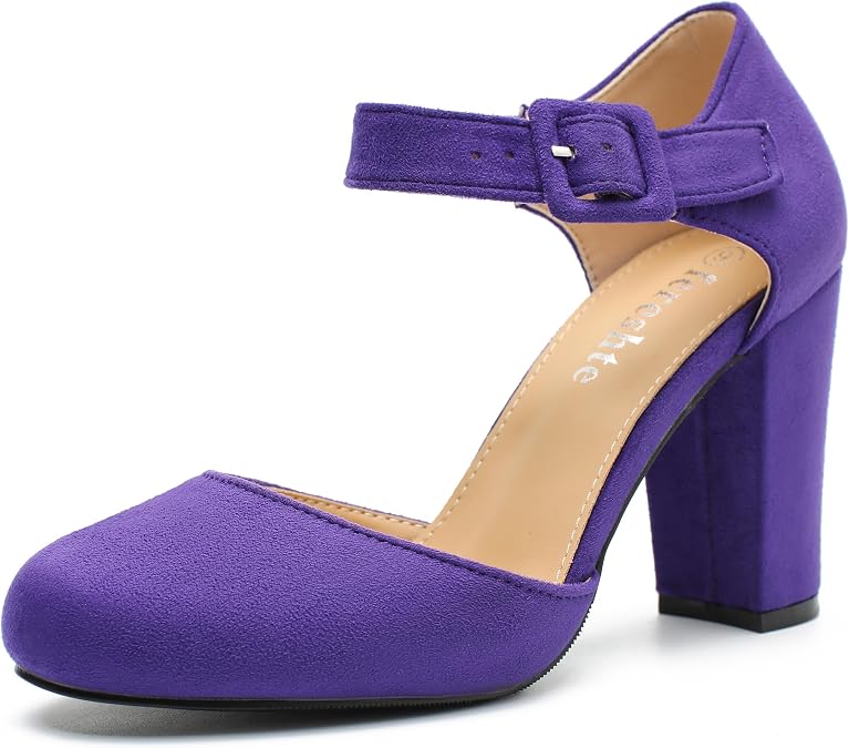 fereshte Women's Chunky Block Heel Mary Jane Pumps, Ankle Strap with Buckle, 3.54 Inch Dress Shoes