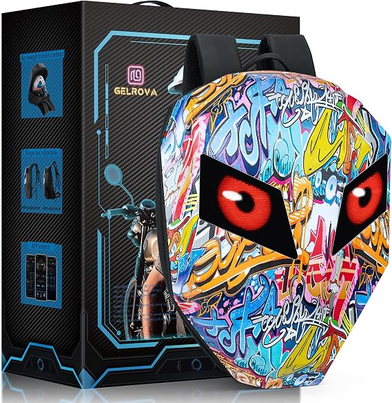 Gelrova Knight LED Motorcycle Backpack with Moving Eyes, Hard Case Ebike Backpack for Riding, Cycling, Travel,Laptop Backpack 19in, Graffiti