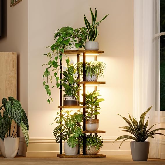 Bamworld Indoor Plant Stand with Grow Light Corner 5Tier | Metal Plant Shelf Wood Flower Stand for Home Living Room Decor Patio Decor