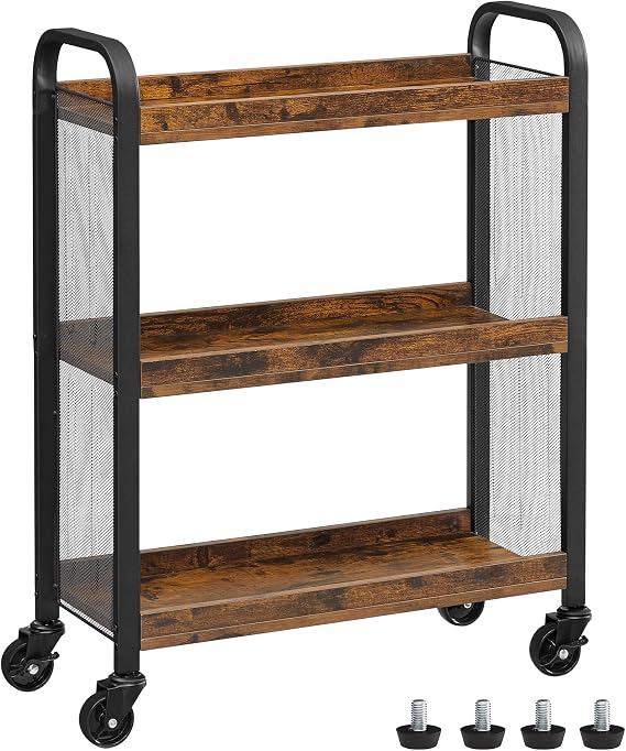 VASAGLE 3-Tier Narrow Storage Cart, Rolling Cart with Wheels, Steel Frame