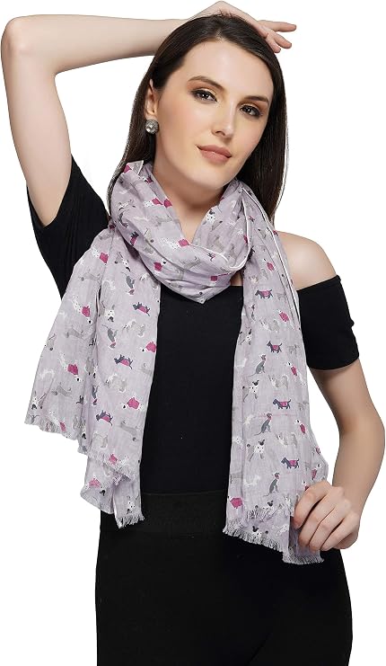 OMA Women's Dog Printed Scarf With Fringe Soft Printed Boho Chic Multicolor Scarf Shawl - Premium Quality