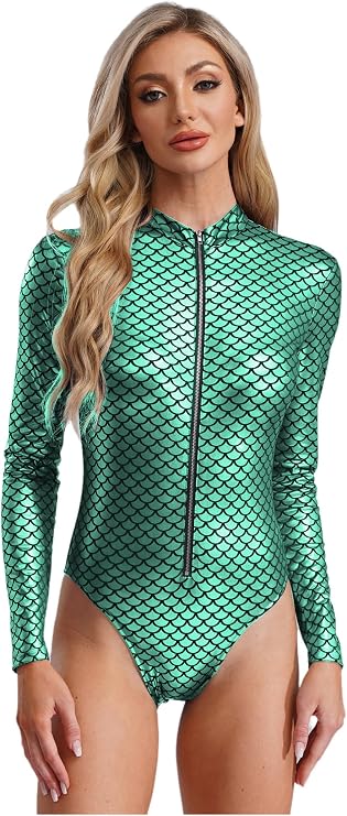 Women's Shiny One Piece Swimsuits Long Sleeve Zip Mermaid Print Swimsuit Surfing Bathing Suits