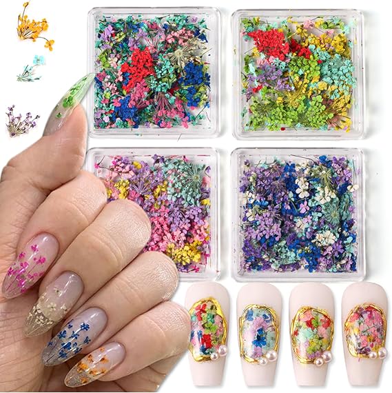 4 Boxes 3D Dried Flowers Nail Art Stickers Mini Dried Flower Nail Stickers Mixed Colors Dried Gypsophila Flowers Natural Floral Dried Flower Decals for Women Girls Nail Decorations DIY Craft