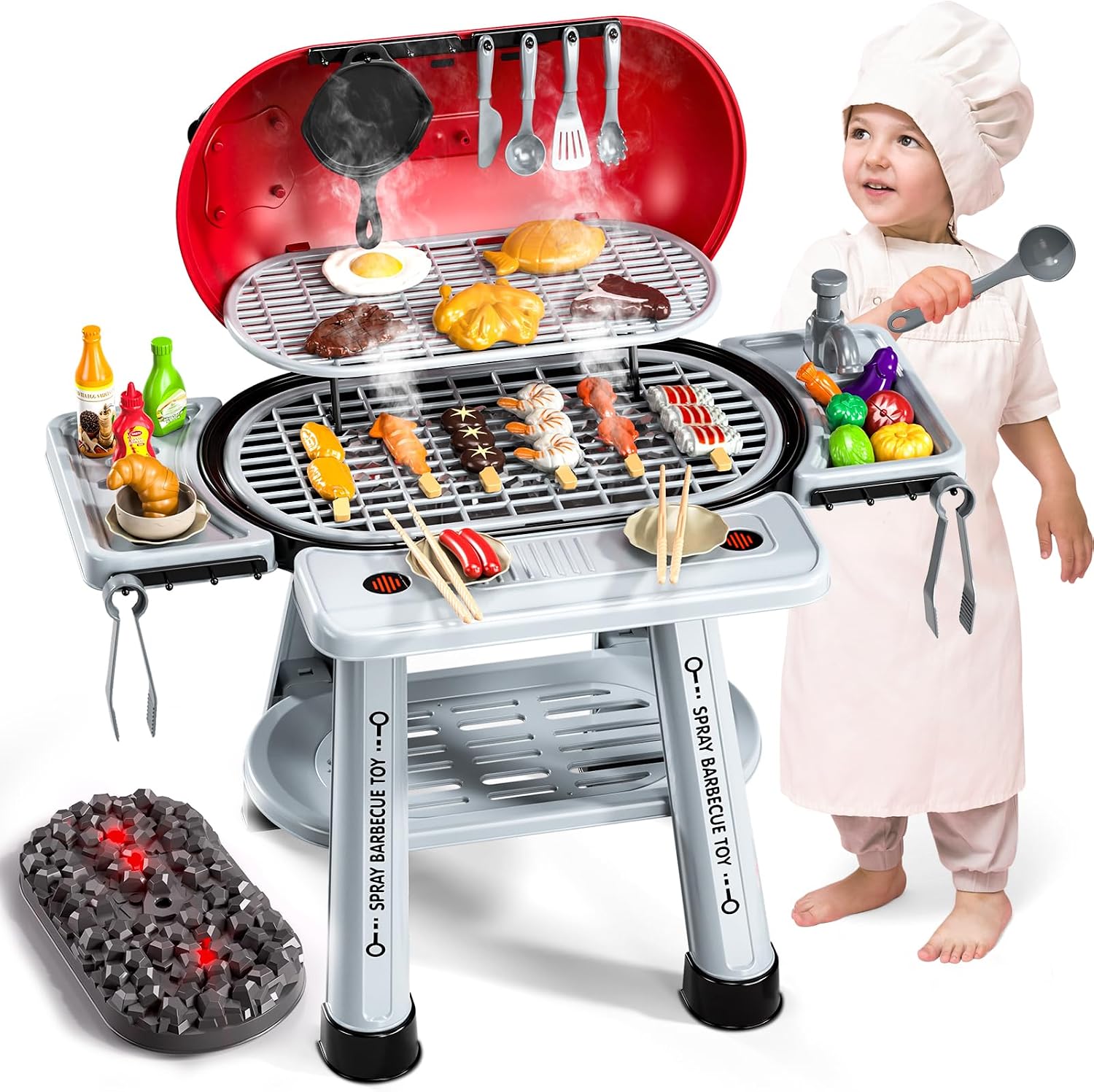 Play Kitchen Sets for Toddlers Kids 2-Layer BBQ Grill Playset with Smoke, Sound & Light Interactive Outdoor Kitchen Grill Toys with Play Food Christmas Birthday Gift for 3 4 5 6 Years Old