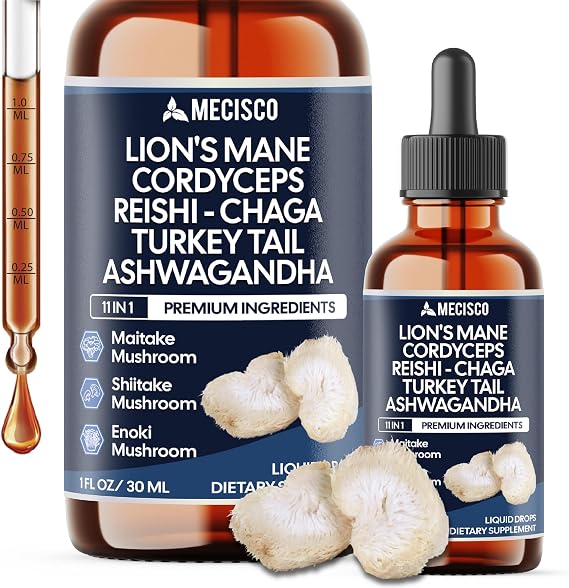 Mecisco 11in1 Mushroom Supplement Liquid Drops with Ashwagandha Lions Mane Turkey Tail Cordyceps Reishi Chaga Shitake Maitake Agaricus Oyster Mushrooms and Enoki Mushrooms - 1 FL Oz - 60 Day Supply