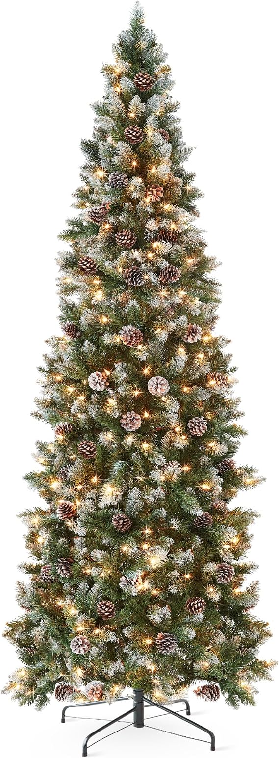 Best Choice Products 12ft Pre-lit Pencil Christmas Tree Pine w/Twinkling LEDs Partially Flocked Frosted Slim Holiday Decoration Skinny Xmas Tree, 700 Lights, 1,818 Frosted Tips, 128 Pine Cones, Stand