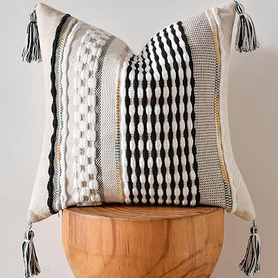 AmHoo Chenille Striped Textured Boho Throw Pillow Covers Aesthetic with Tassels Woven Decorative Pillow Case for Couch Bed Sofa Bedroom Modern Funky 18 x 18-Inch Black