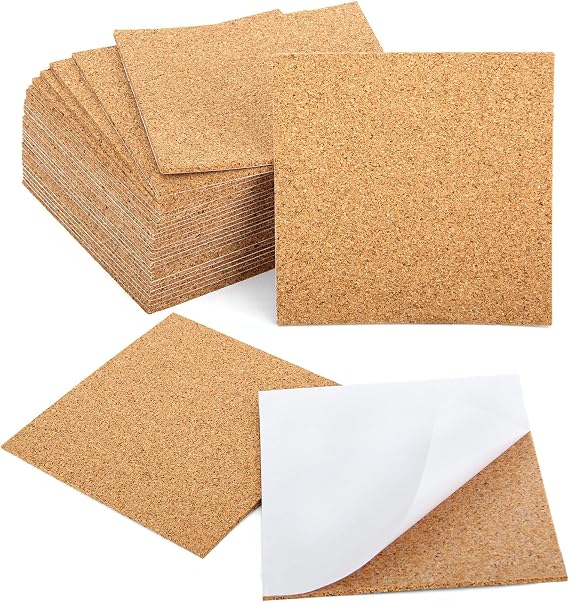 Blisstime 30 Pieces Self-Adhesive Cork Sheets 4"x 4" for DIY Coasters, Square Cork Tiles with Strong Self Adhesive Backing