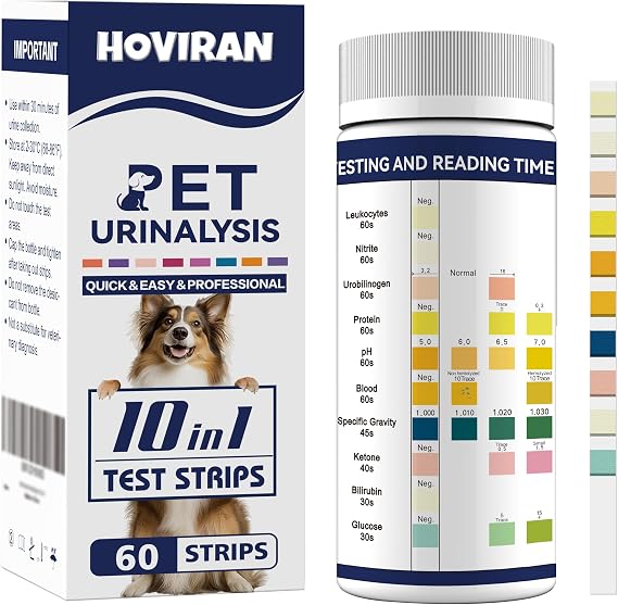 10-in-1 Cat & Dog Urine Test Strips, 60 Strips Cat & Dog UTI Test Kit | Pet Urinalysis Reagent Strips Diabetes, Glucose, Nitrite, Specific Gravity, pH, Protein, Leukocytes & More