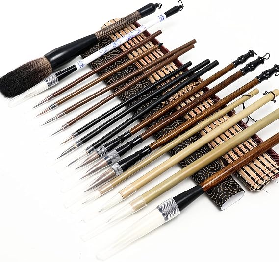 Whaline 18Pcs Chinese Calligraphy Brushes Set with Writing Paper Roll-up Brush Holder Shanlian Hubi Writing Brush Kanji Japanese Sumi Drawing Brushes for Watercolor Art Ceramic Ink Painting