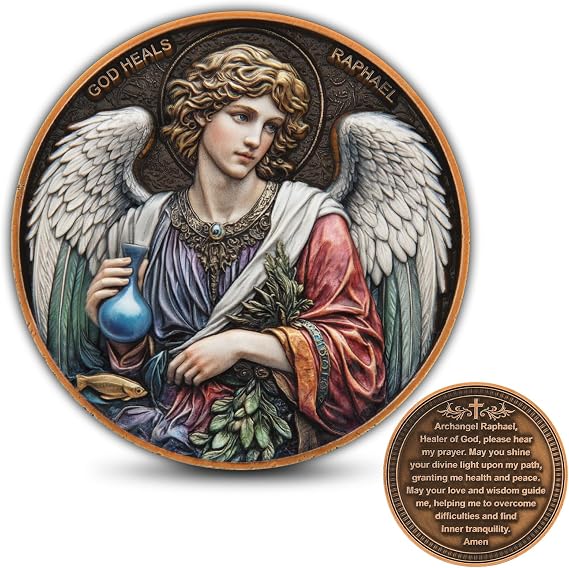 Archangel Raphael Challenge Coin with Prayer and Display Case Zinc Alloy Religious Pocket Coin for Healing and Strength Christian Collectible Coin Gift